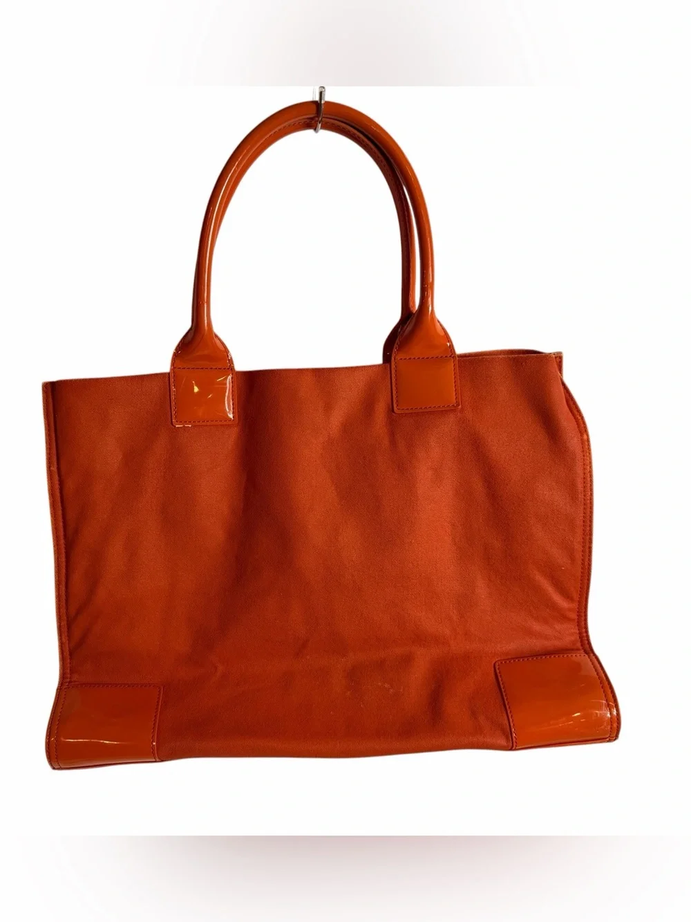 Tory Burch Orange Canvas Tote Patent Leather Trim Embossed Logo Bag